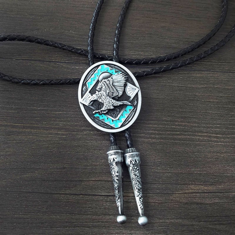 QUKE American Western Cowboy 3D Bald Eagle Sunset Bolo Tie Genunie Leather - Image 2